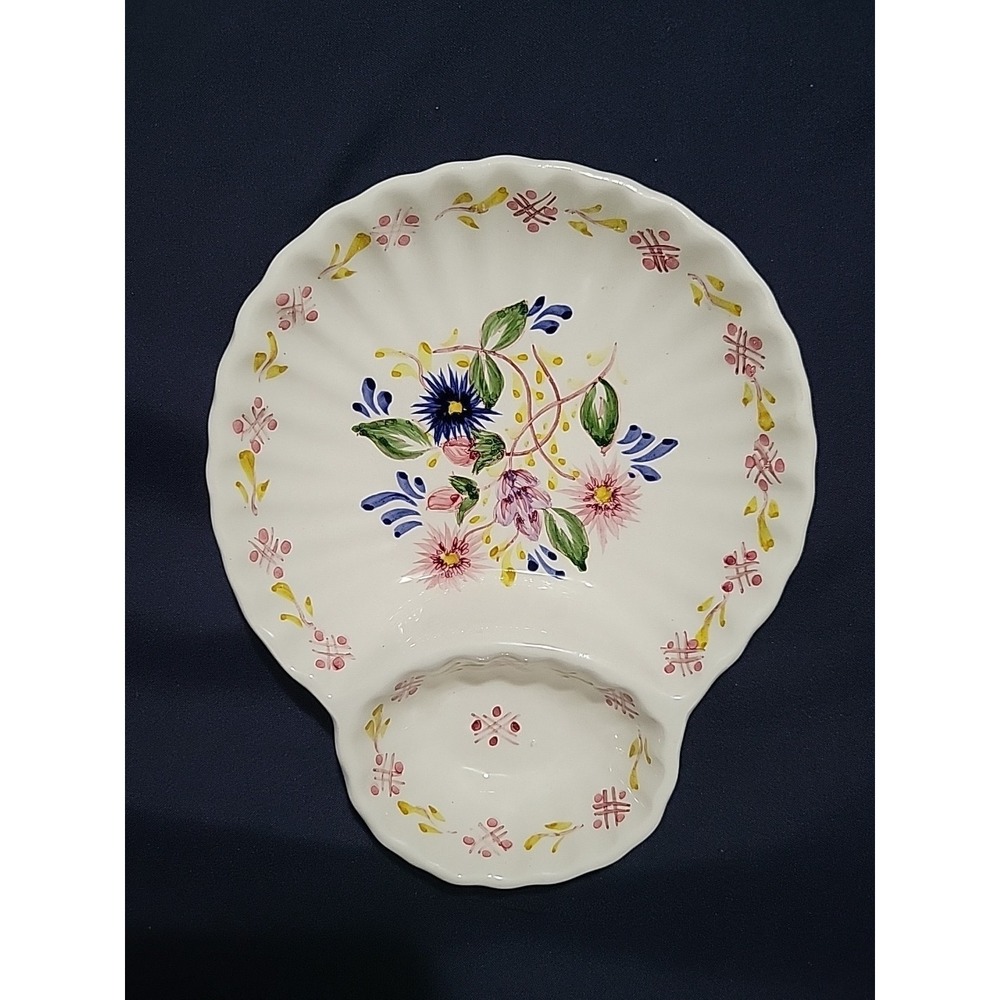 Vtg Valadares Portugal Dish Floral Hand Painted Scalloped Shell Trinket Olive